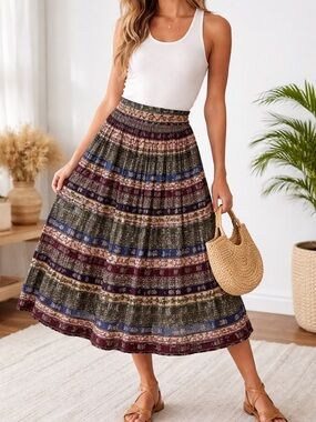 Boho Tiered Midi Skirt in Burgundy, Navy & Olive